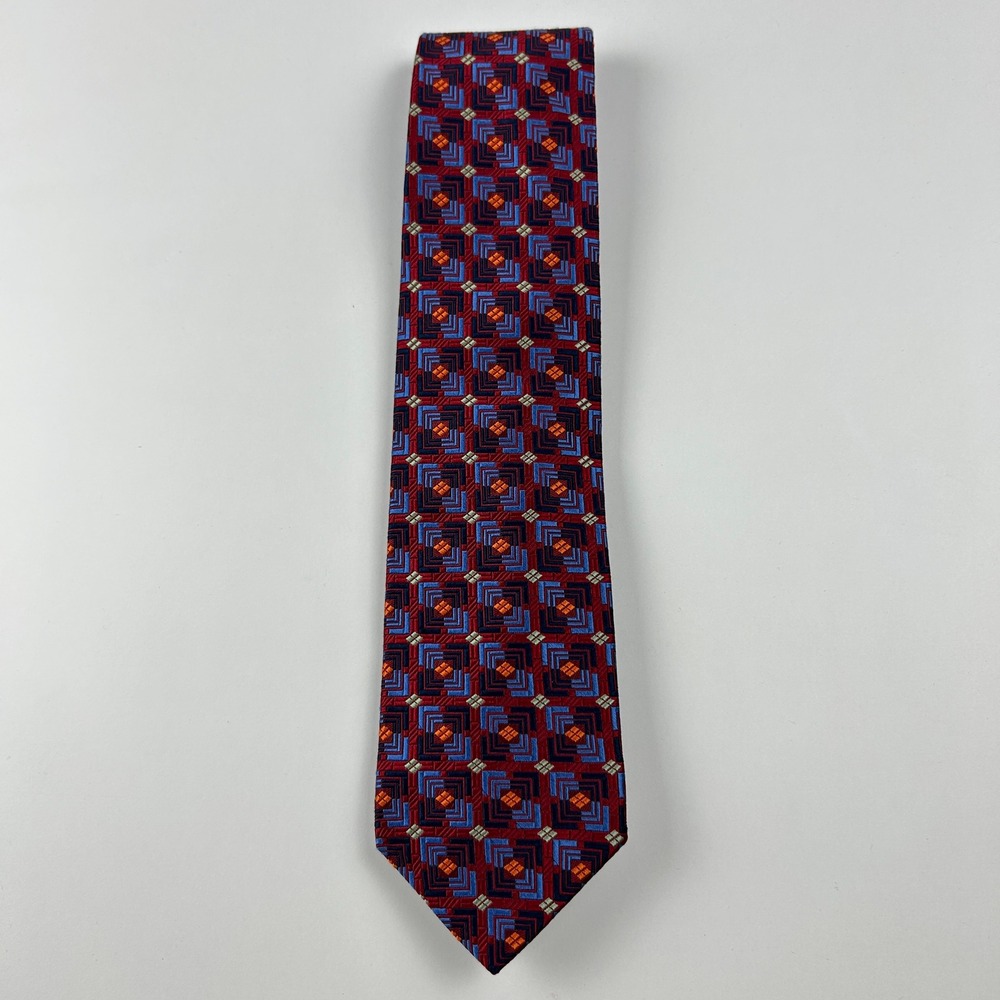 Vintage Mark Pendleton Red Blue Orange Geometric 100% Silk Tie USA